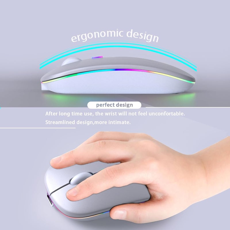 KANMABPC Wireless Bluetooth Mouse – Rechargeable, Silent, Dual Mode (Bluetooth 5.2 & USB) with LED Lights – Portable for Laptop, Desktop, & Tablet(Silver) - Image 5